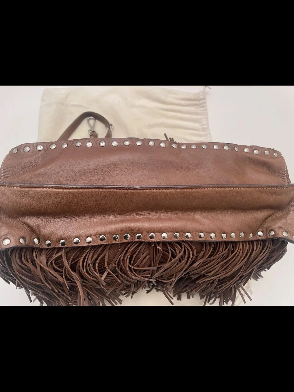 Prada large Brown Leather Fringe tote with Shoulder Strap studs